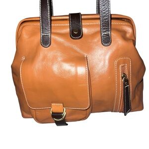 EUC NorthStyle Vintage Camel Leather Hinge Top Tote Bag Deep Chocolate Handles